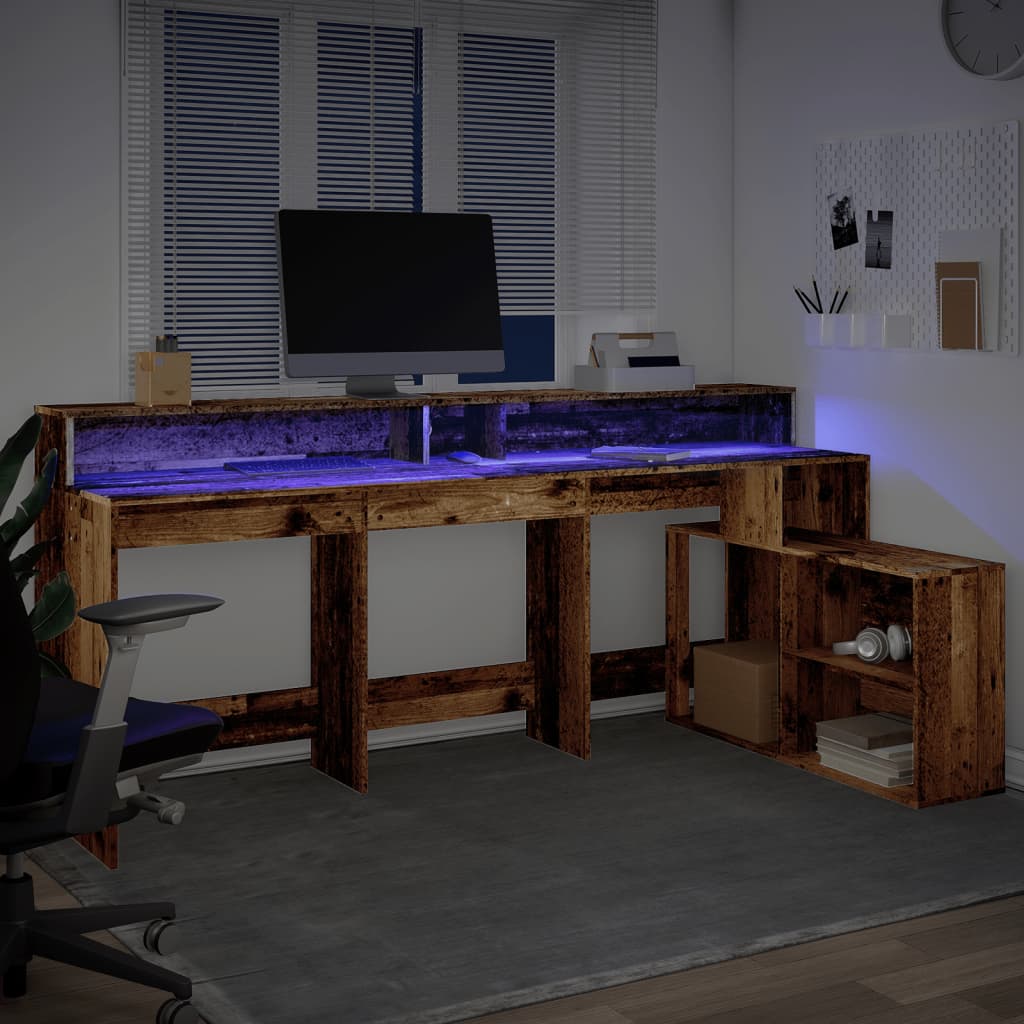 Rustic Engineered Wood Desk with LED Lights, 200x104x91 cm