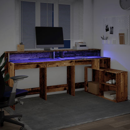 Rustic Engineered Wood Desk with LED Lights, 200x104x91 cm