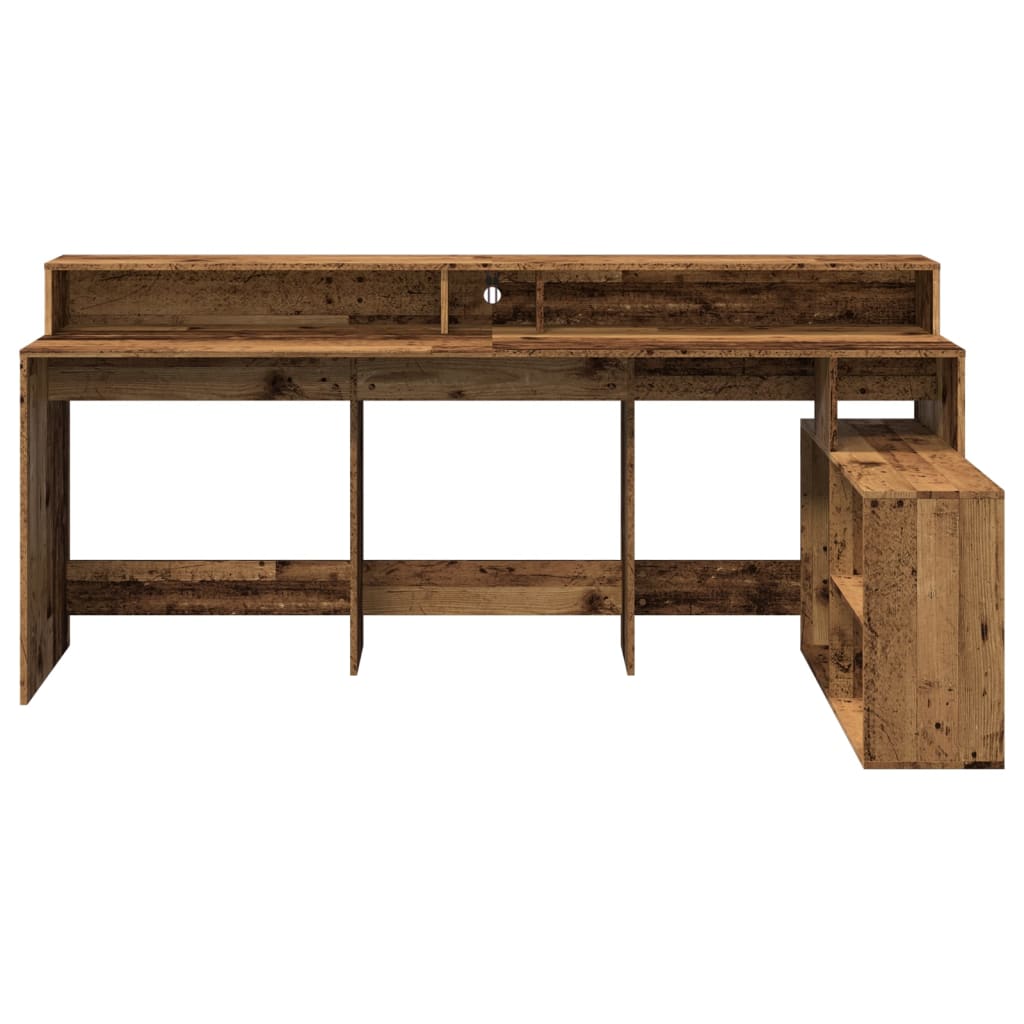 Rustic Engineered Wood Desk with LED Lights, 200x104x91 cm