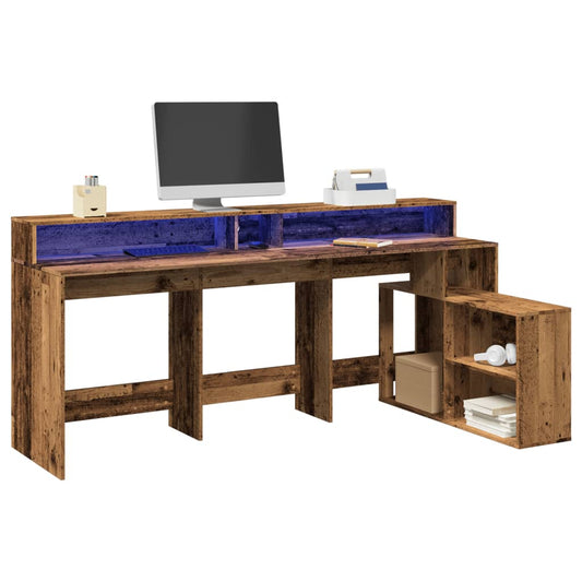 Rustic Engineered Wood Desk with LED Lights, 200x104x91 cm