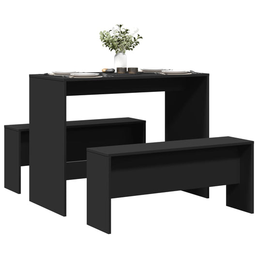 Black Engineered Wood 3-Piece Dining Table & Bench Set