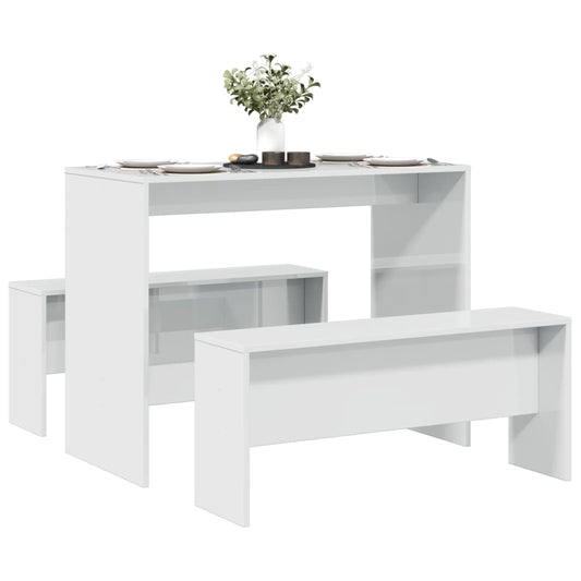High Gloss White 3 Piece Dining Table & Bench Set - Engineered Wood