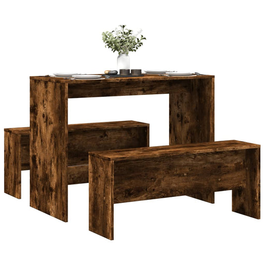 Smoked Oak 3-Piece Dining Set: Table & Benches, Engineered Wood
