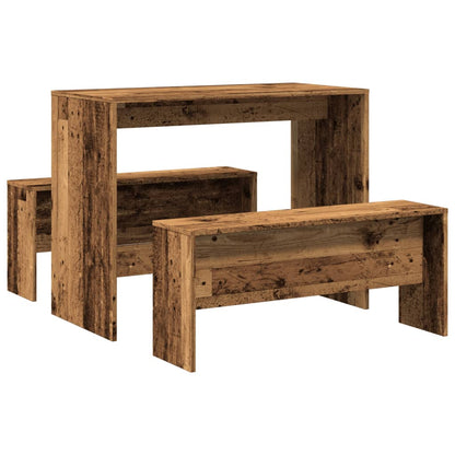 Rustic 3-Piece Dining Set: Old Wood Table & Benches