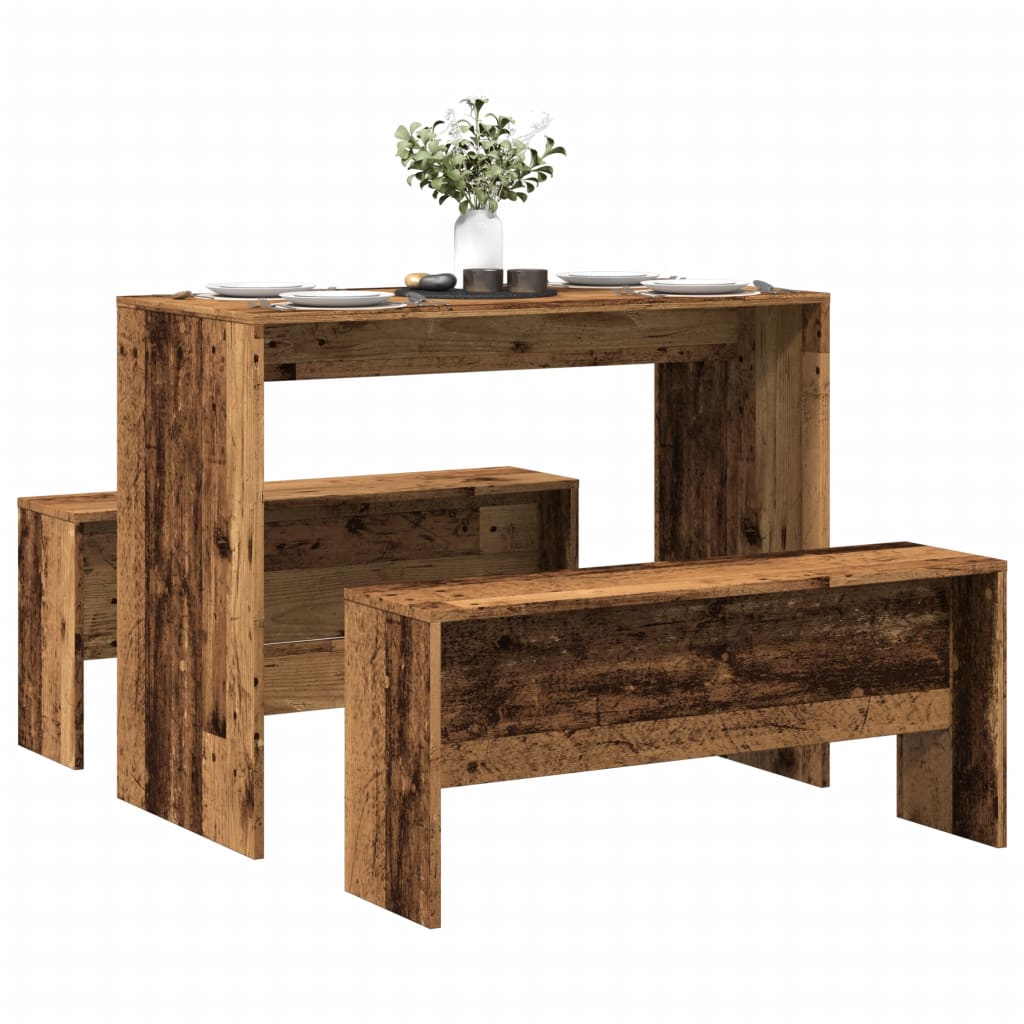 Rustic 3-Piece Dining Set: Old Wood Table & Benches