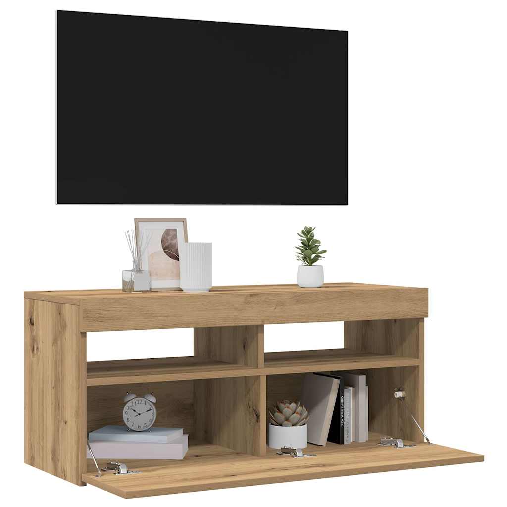 TV Cabinet with LED Lights Artisan Oak 90x35x40 cm Engineered Wood
