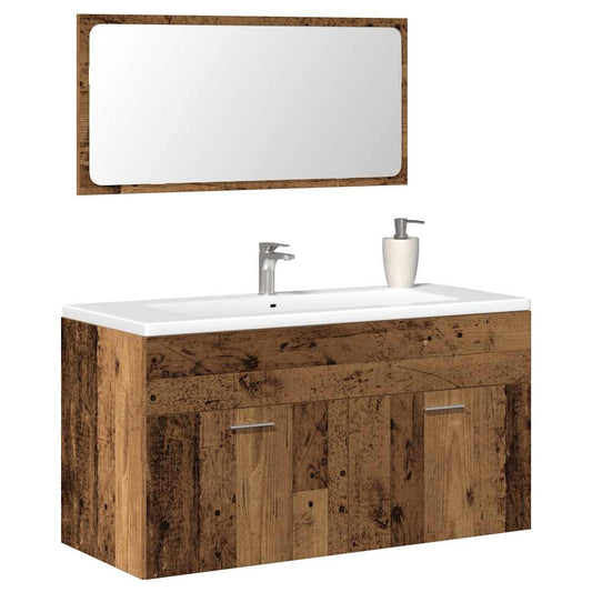 Rustic Bathroom Cabinet with Mirror - Old Engineered Wood Finish