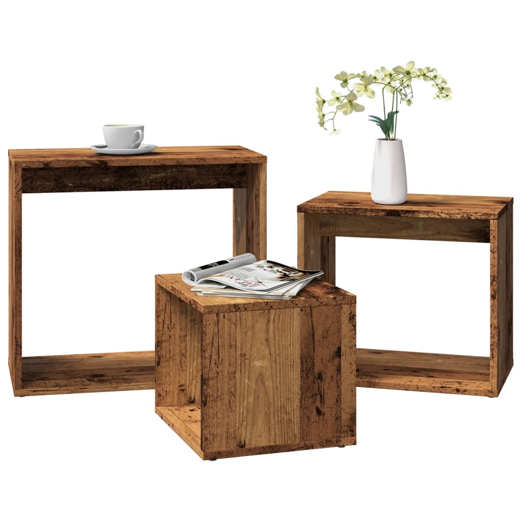 Vintage-Look Nesting Tables Set, 3pcs Engineered Wood, Old Wood Finish