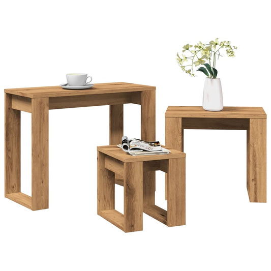 Artisan Oak Nest of Tables - 3 Pcs Engineered Wood Set