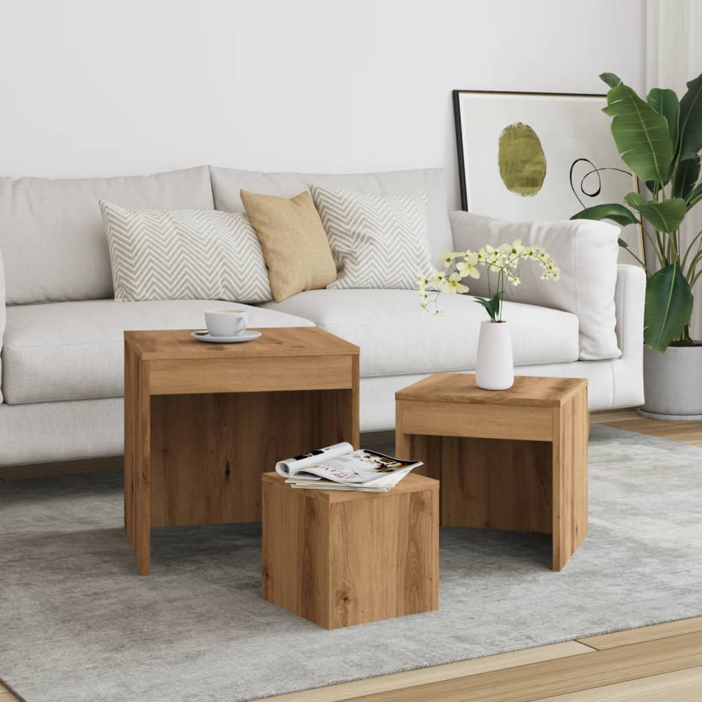 Artisan Oak Nesting Tables Set of 3 - Engineered Wood Elegance