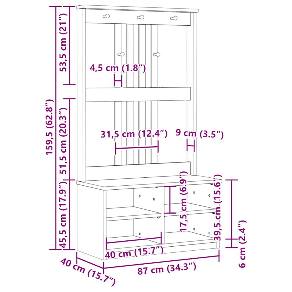 Solid Pine Wood Hall Tree SANDENS 87x40x159.5cm with Storage
