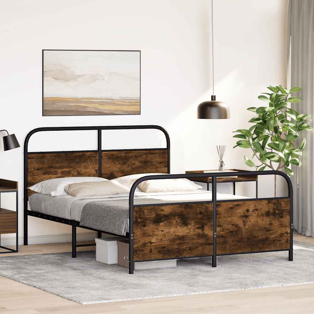 Small Double Bed Frame, 120x190 cm, Smoked Oak Finish, No Mattress