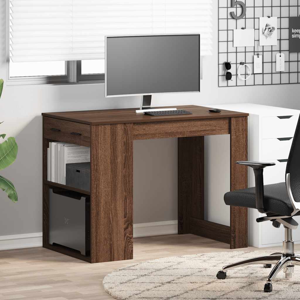 Brown Oak Desk with Drawer & Shelf - 102x62x77.5 cm Engineered Wood