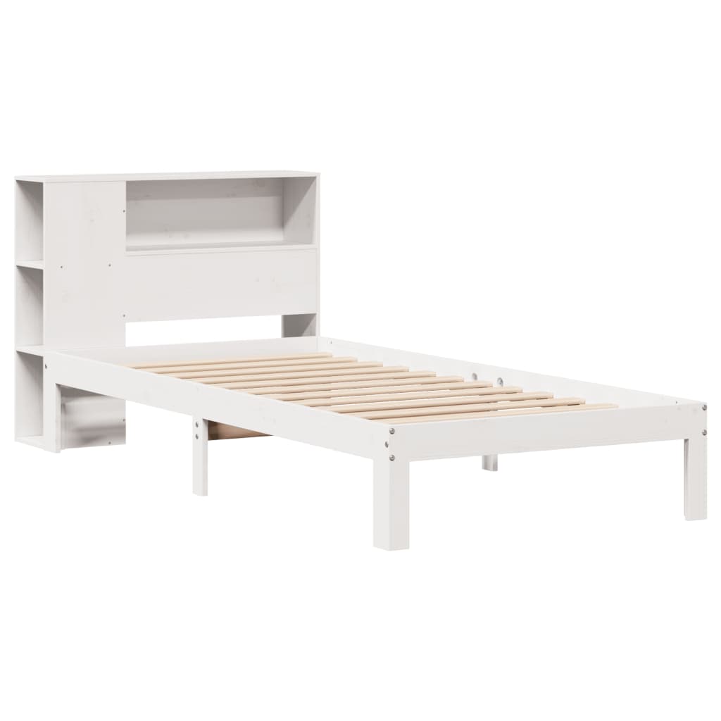Solid Pine White Bookcase Bed Frame 100x200cm - No Mattress Included