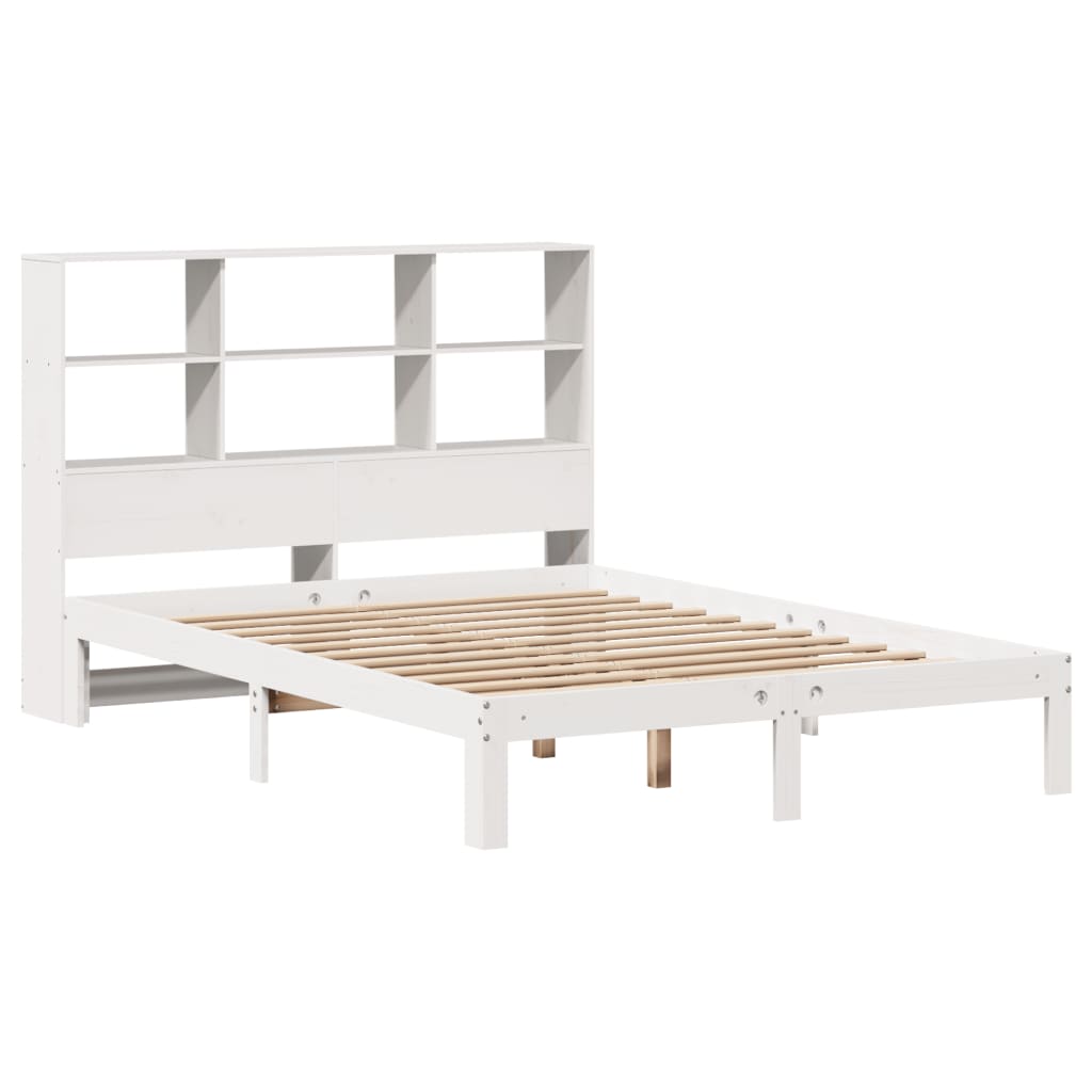 White Solid Pine Bookcase Bed Frame 140x190cm - No Mattress