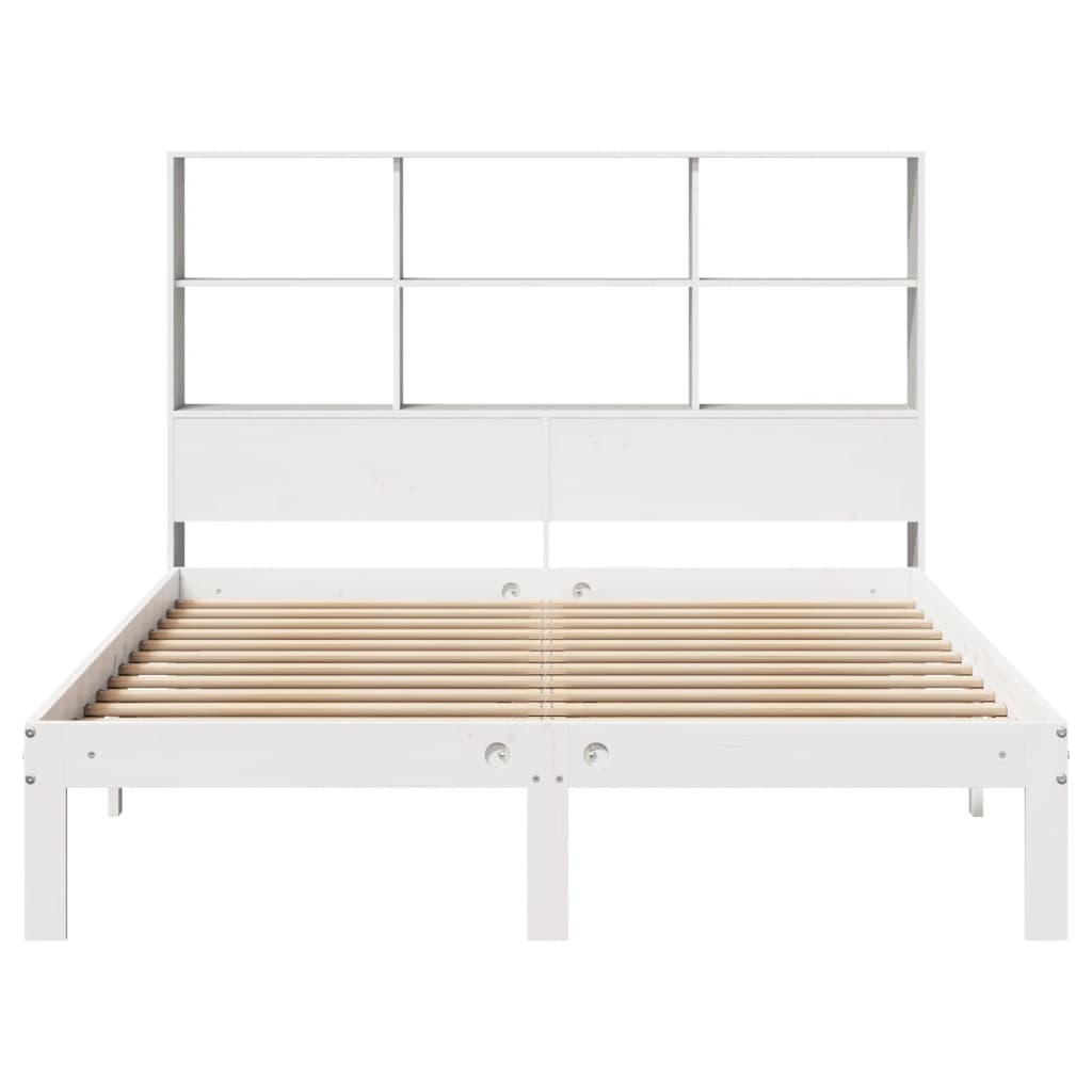 White Solid Pine Bookcase Bed Frame 140x190cm - No Mattress