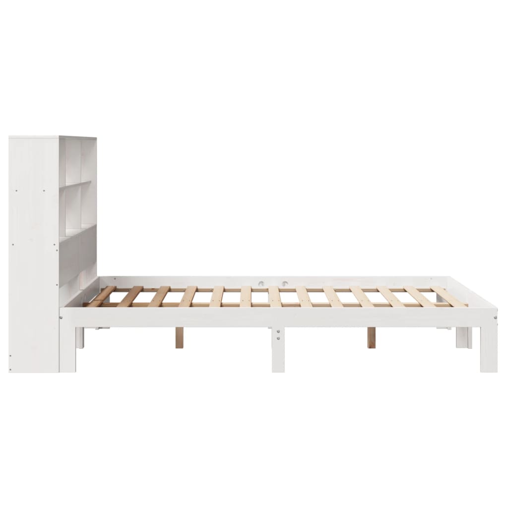 White Solid Pine Bookcase Bed Frame 140x190cm - No Mattress