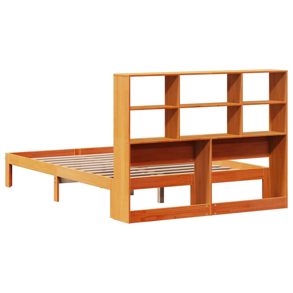 Solid Pine Wax Brown Bookcase Bed Frame 140x190cm, No Mattress