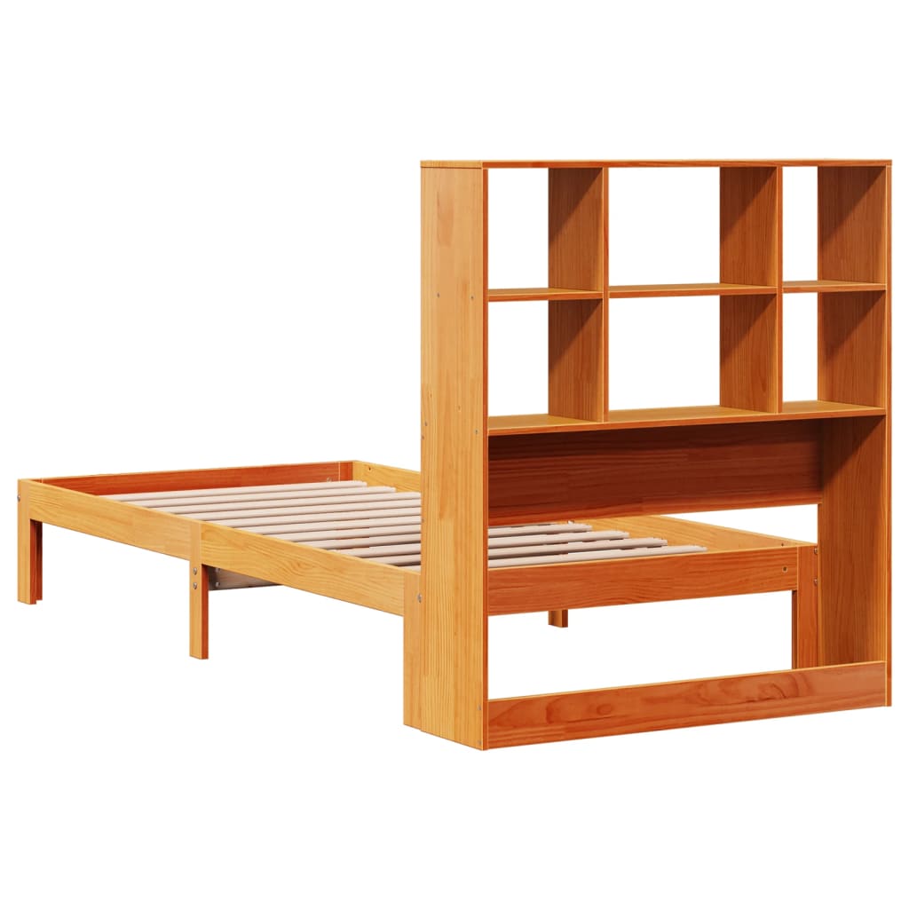 Solid Wood Pine Bookcase Bed, Wax Brown 90x200cm (No Mattress)
