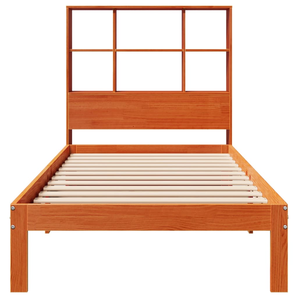 Solid Pine Bookcase Bed Frame, Wax Brown, 100x200cm, No Mattress