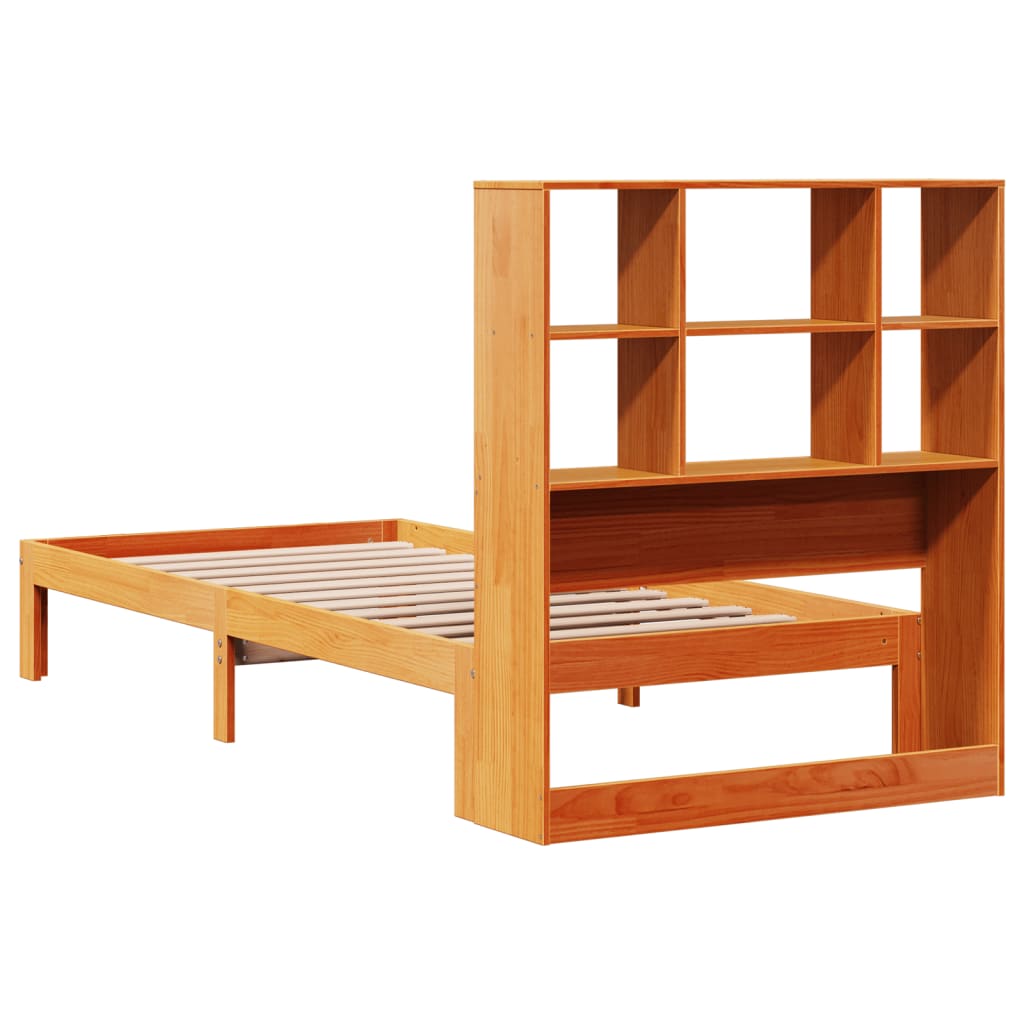 Solid Pine Bookcase Bed Frame, Wax Brown, 100x200cm, No Mattress