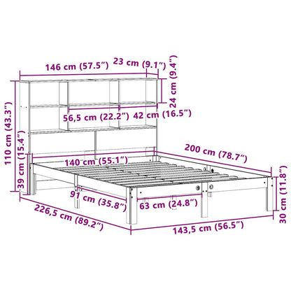 Wax Brown Solid Pine Bookcase Bed Frame 140x200cm - No Mattress