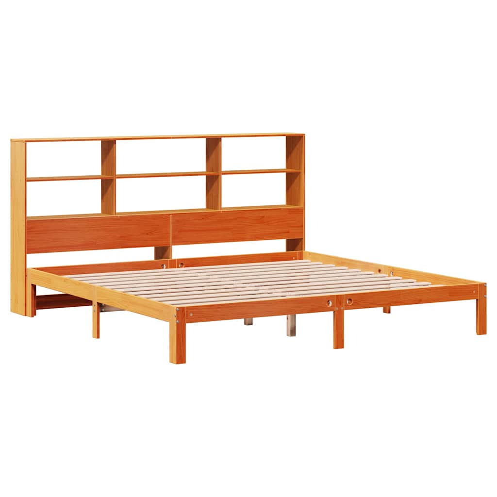 Solid Pine Wax Brown Bookcase Bed Frame 180x200 cm Super King