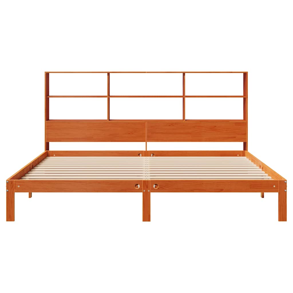 Solid Pine Wax Brown Bookcase Bed Frame 180x200 cm Super King