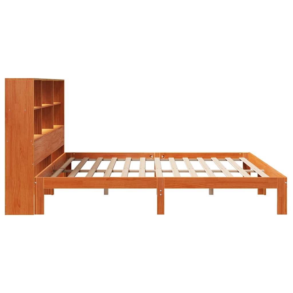 Solid Pine Wax Brown Bookcase Bed Frame 180x200 cm Super King