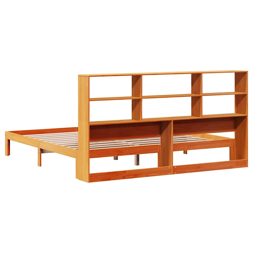 Solid Pine Wax Brown Bookcase Bed Frame 180x200 cm Super King