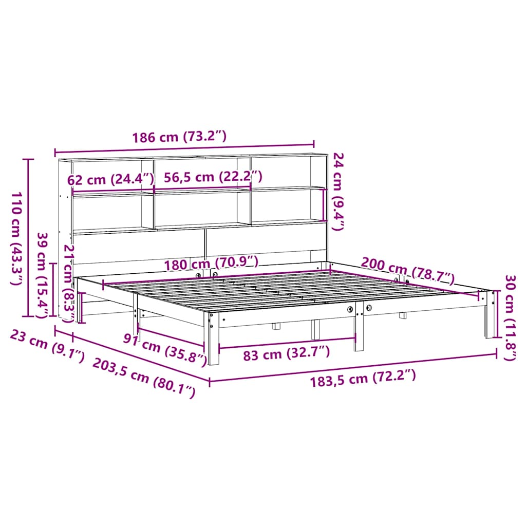 Solid Pine Wax Brown Bookcase Bed Frame 180x200 cm Super King