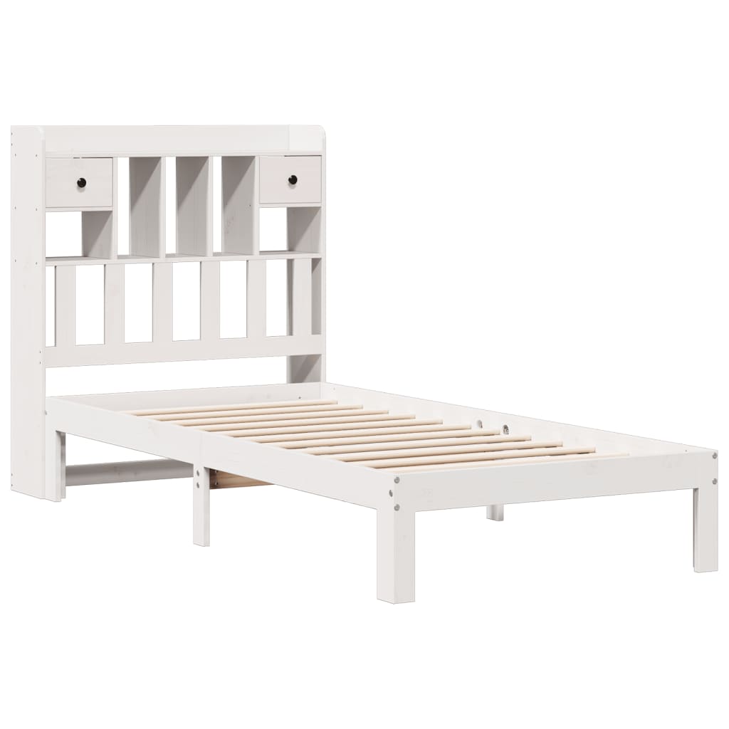 Solid Pine White Bookcase Bed Frame 75x190cm (No Mattress)