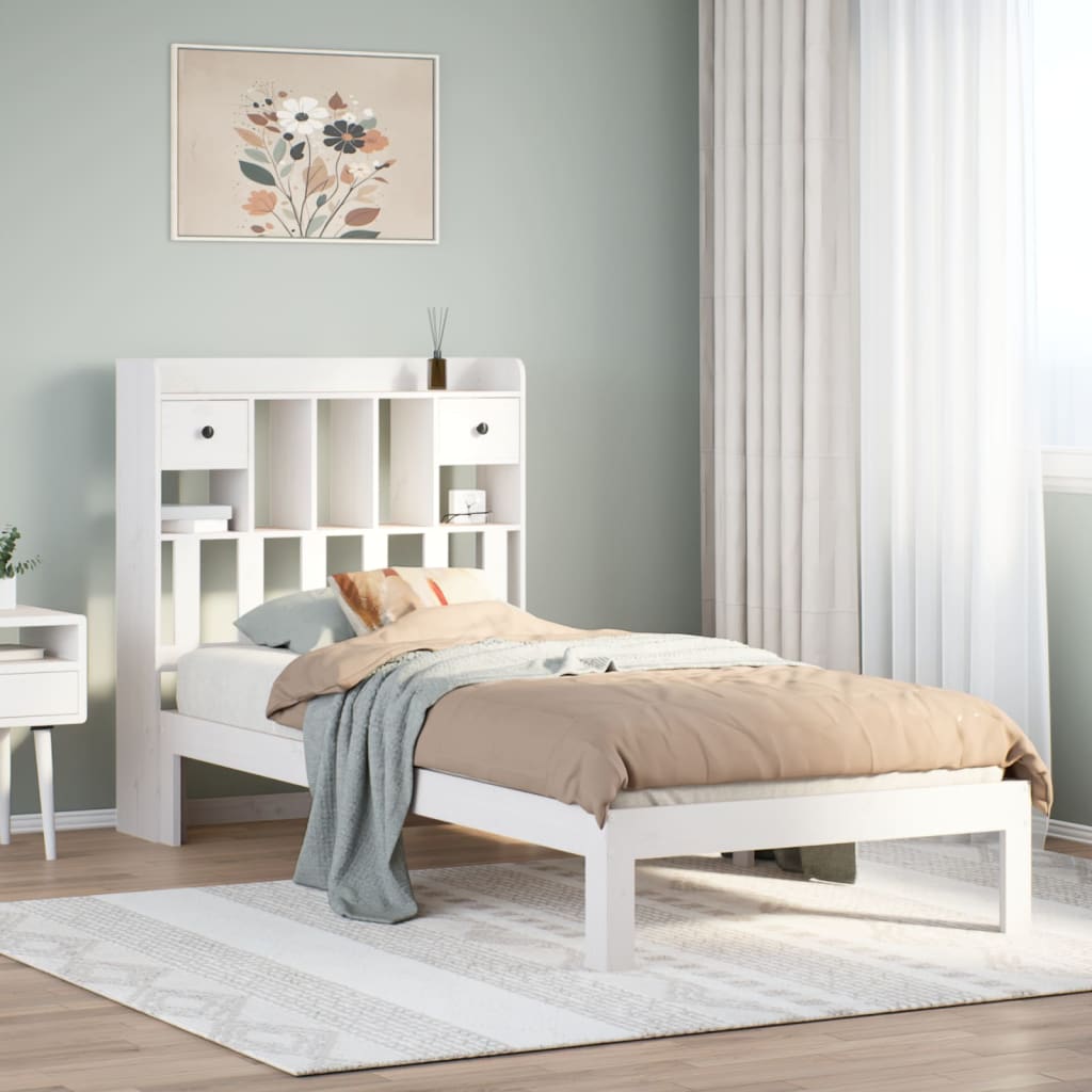Solid Pine White Bookcase Bed Frame 75x190cm (No Mattress)
