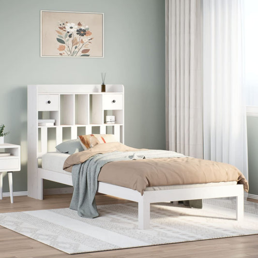 Solid Pine White Bookcase Bed Frame 75x190cm (No Mattress)
