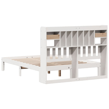 White Solid Pine Wood Bookcase Bed Frame 135x190cm (Mattress Excluded)