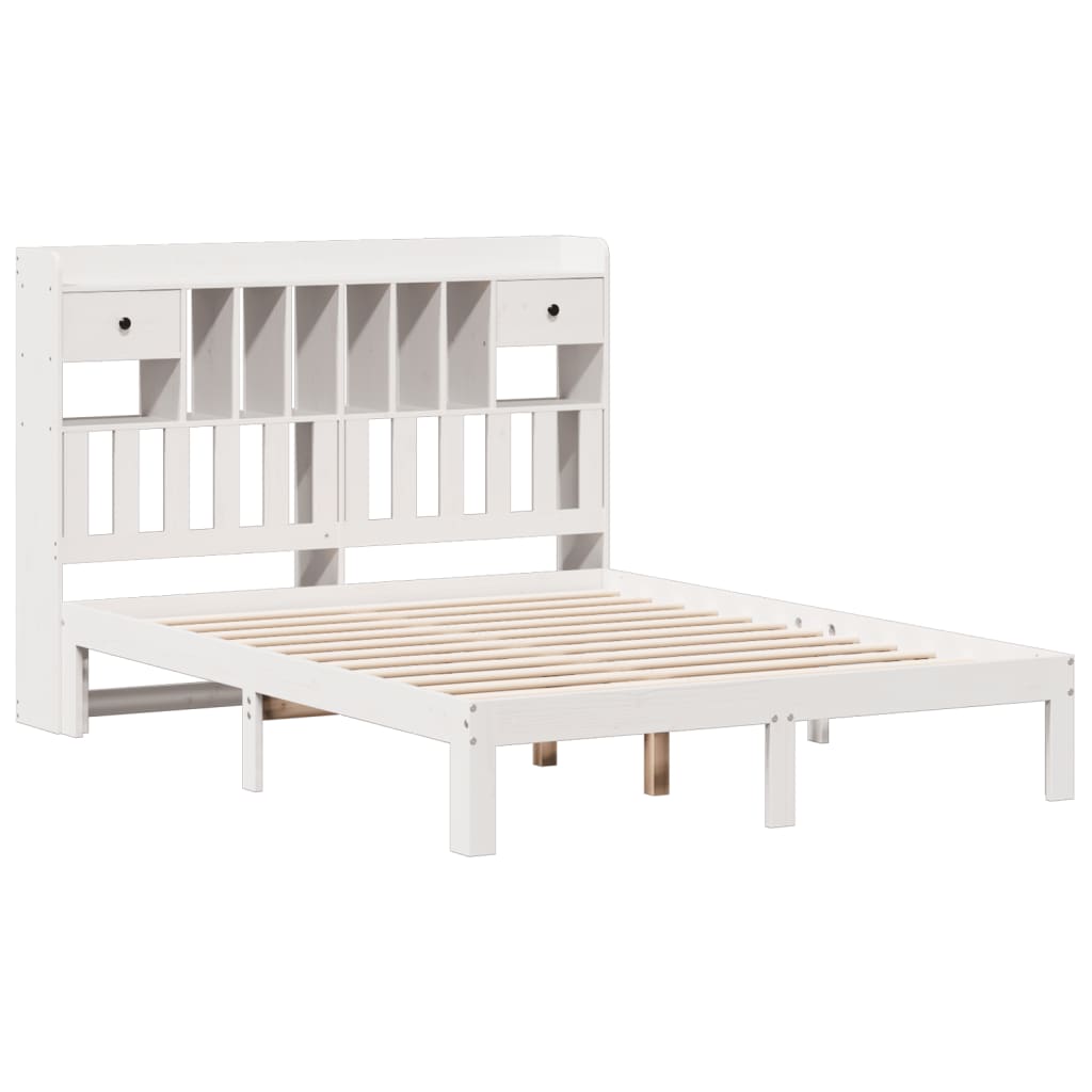 Solid Pine White Bookcase Bed Frame 140x200cm - Mattress Not Included