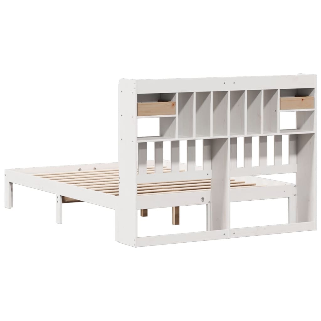 Solid Pine White Bookcase Bed Frame 140x200cm - Mattress Not Included