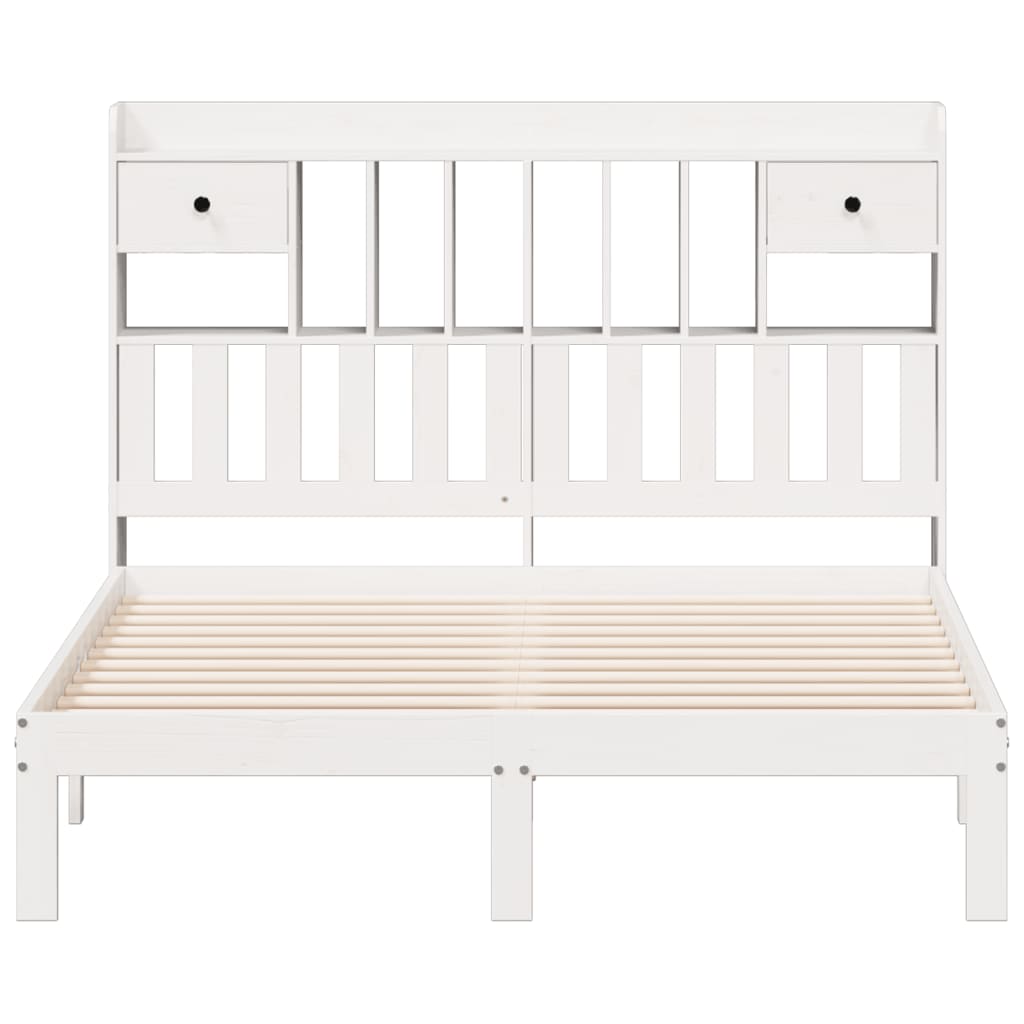 Solid Pine White Bookcase Bed Frame 150x200cm - Mattress Not Included