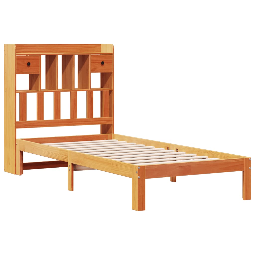 Solid Pine Bookcase Bed Frame, Wax Brown, 100x200cm, No Mattress