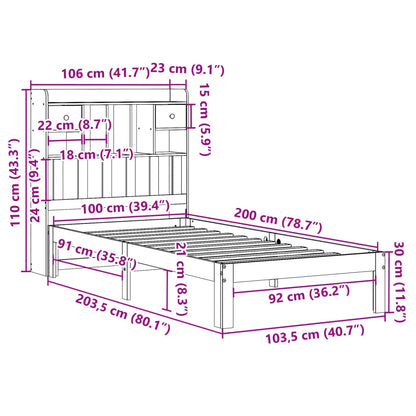 Solid Pine Bookcase Bed Frame, Wax Brown, 100x200cm, No Mattress