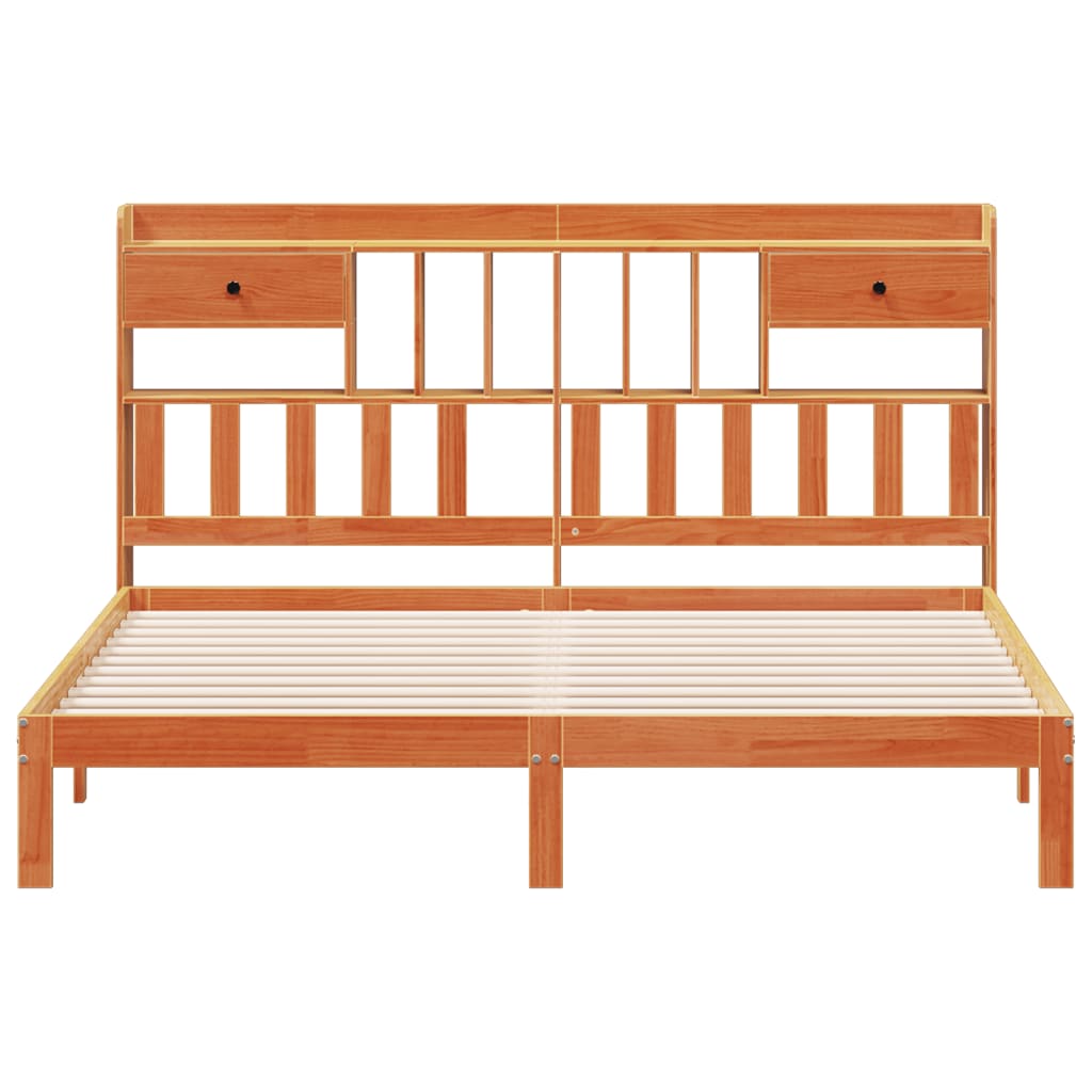 Wax Brown Solid Pine Bookcase Bed Frame 180x200cm - No Mattress