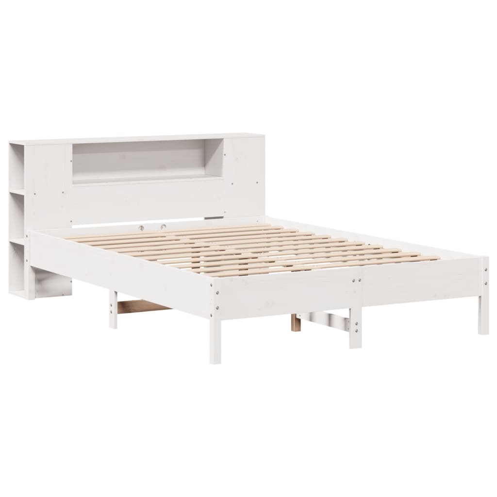 Solid Wood Pine Bookcase Bed Frame, White, 150x200 cm King Size