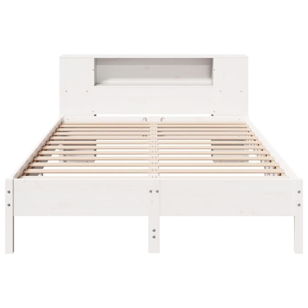 Solid Wood Pine Bookcase Bed Frame, White, 150x200 cm King Size