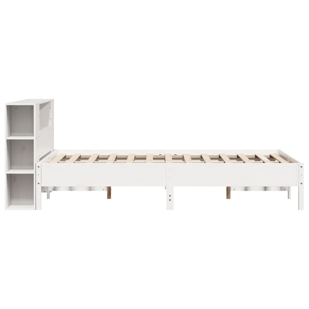 Solid Wood Pine Bookcase Bed Frame, White, 150x200 cm King Size