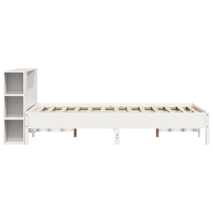 Solid Wood Pine Bookcase Bed Frame, White, 150x200 cm King Size