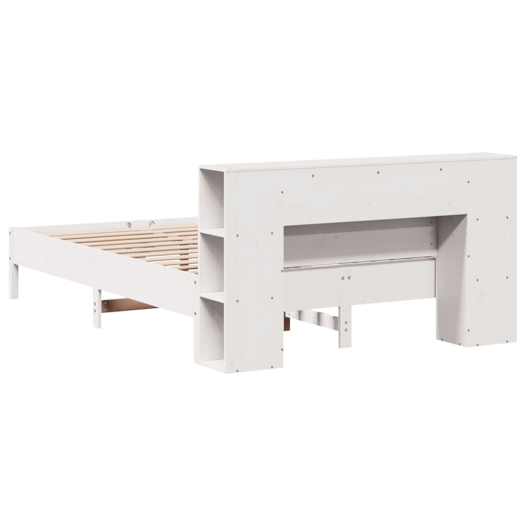 Solid Wood Pine Bookcase Bed Frame, White, 150x200 cm King Size