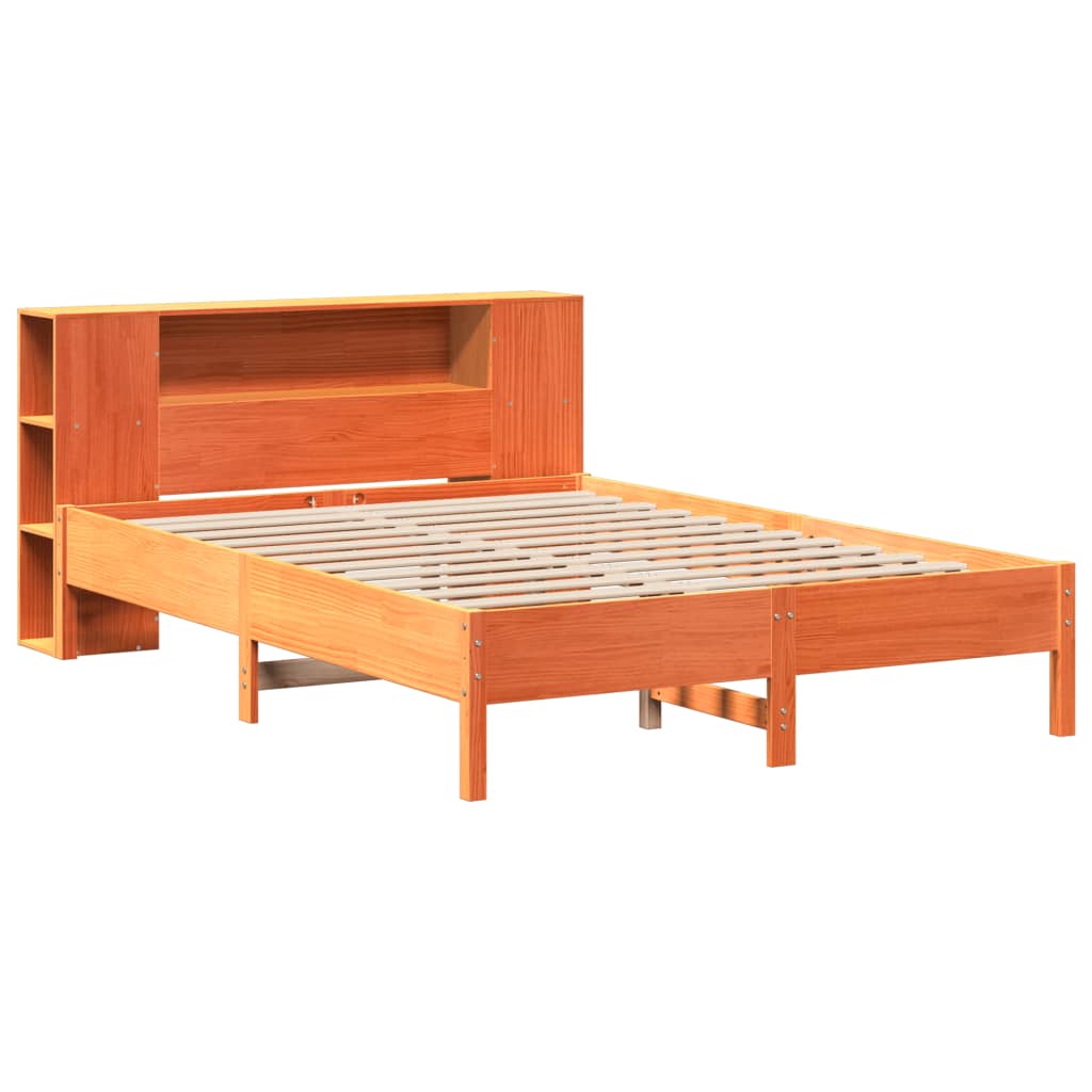 Solid Pine Wood Bookcase Bed, Wax Brown, King 150x200 cm