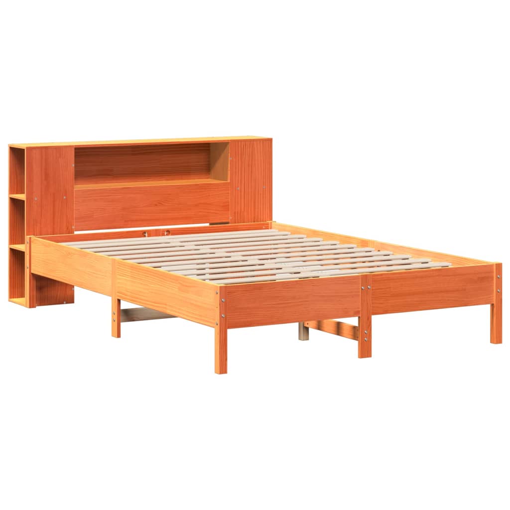 Wax Brown Solid Pine Bookcase Bed Frame 120x200 cm - No Mattress