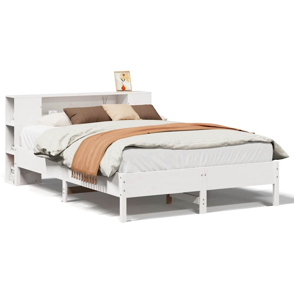 Solid Wood Pine Bookcase Bed, White 140x190 cm – No Mattress Included