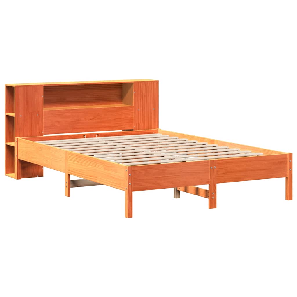 Wax Brown Solid Pine Bookcase Bed Frame 140x190 cm - No Mattress
